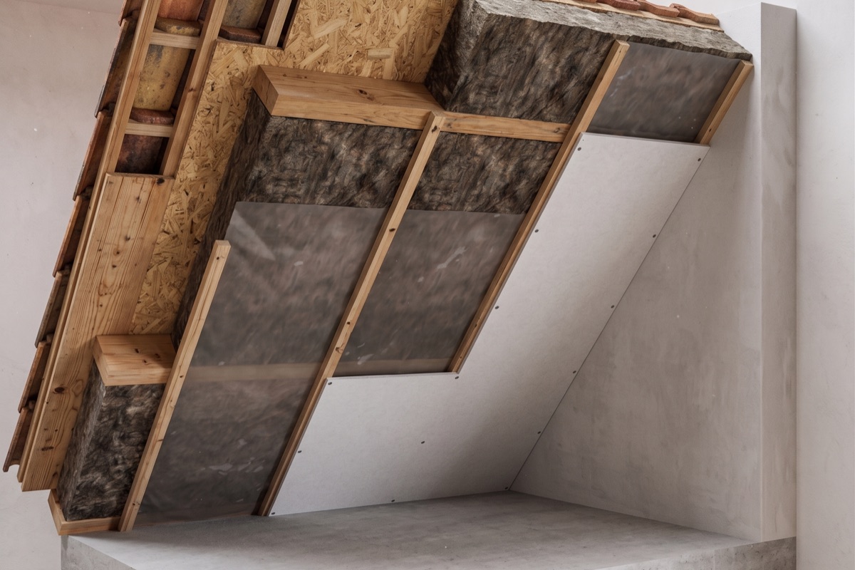 Doorsnede van een schuin dak met isolatiemateriaal tussen de dakspanten