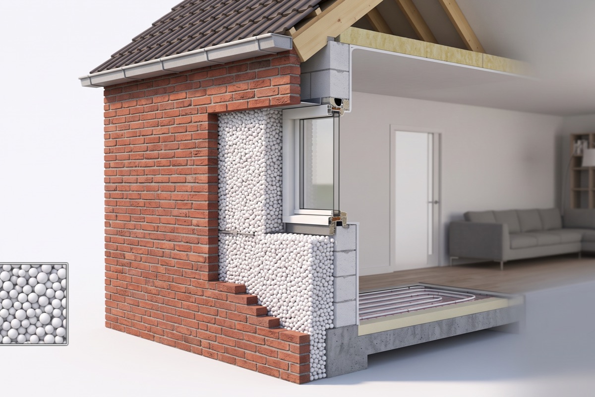 Doorsnede van een geïsoleerde woning: spouwmuur, dak en vloer