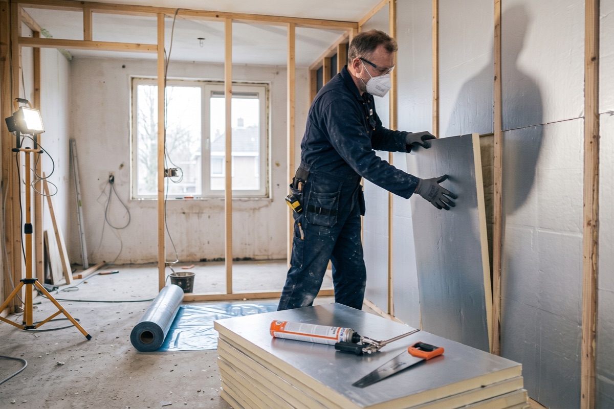 Specialist plaatst een geïsoleerde voorzetwand tegen een binnenmuur